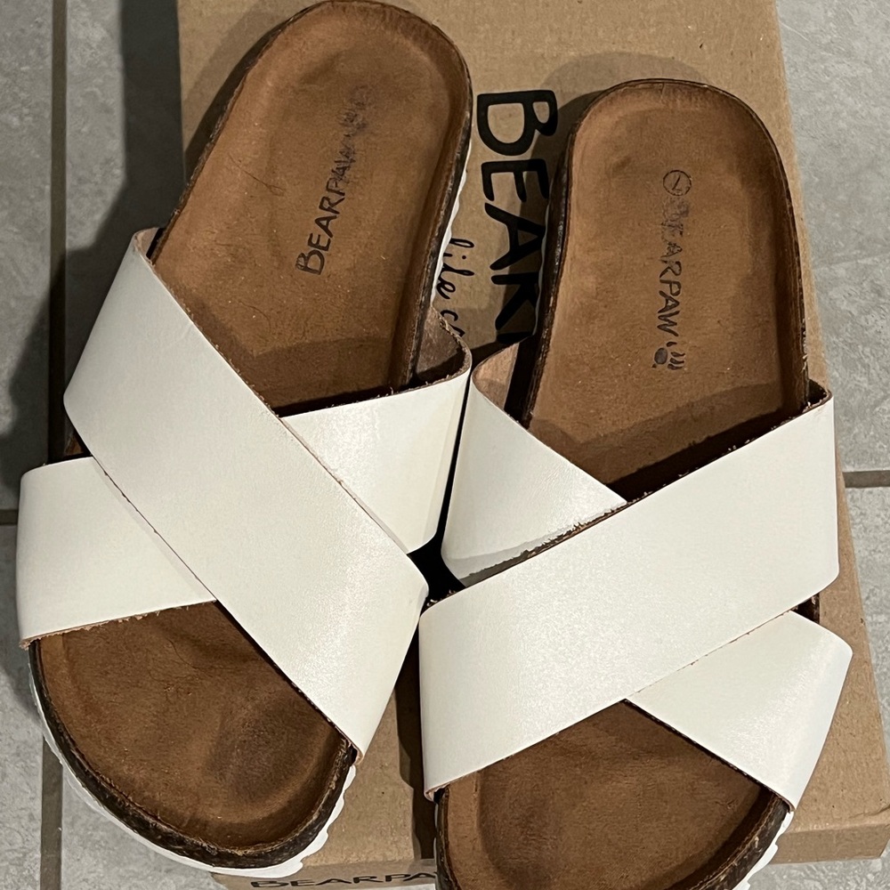 BearPaw White leather Slide Sandals